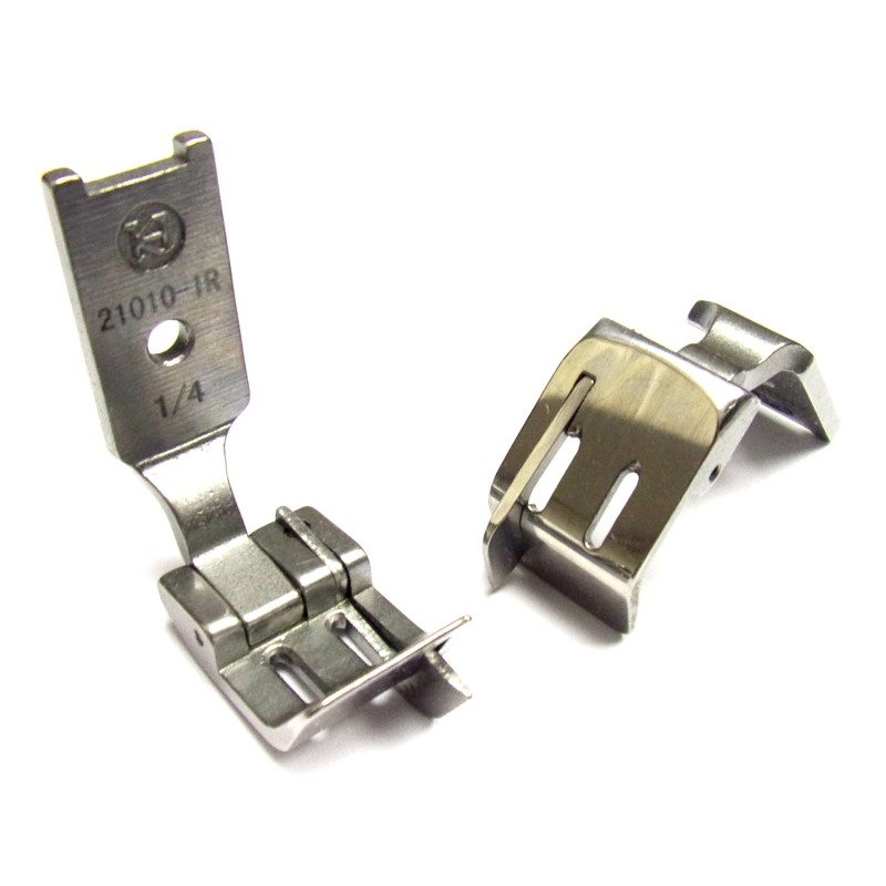 21010-1R Guiding Feet — Presser Feet with Right Compensating Guide * Gauge Set for Brassiere Tape Attaching * Space from guide to the nearest needle hole : 0.9mm / 1.7mm For Light Duty : 21010-1R x 0.9 For Heavy Duty : 21010-1R x 1.7