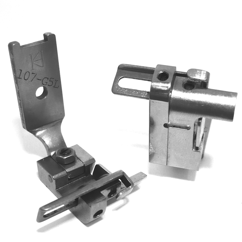 107-G5L Guiding Foot — Presser Foot with Tape Guide for Singer / Juki Zigzag Machine Elastic tape guide is adjustable. Elastic Tape Size : 7 ~ 16.5mm Needle Hole Width : 7mm Pressing Width : 7mm