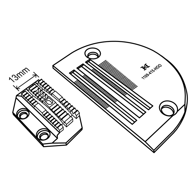 1109-415-HOO Needle Plate + 1609-415-HOB Feed Dog — Needle Feed 3-roll Needle Plate and Feed Dog 1109-415-HOO Needle Plate 1609-415-HOB Feed Dog Teeth Width: 13mm Needle Hole Diameter: 2.5mm