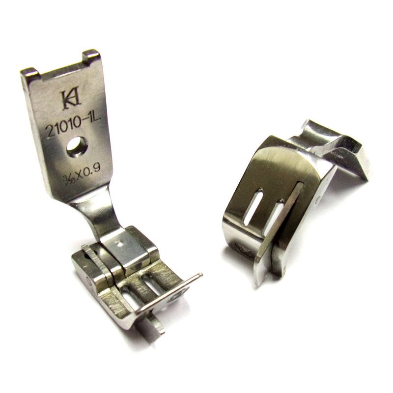 21010-1L Guiding Feet — Presser Feet with Left Compensating Guide * Gauge Set for Brassiere Tape Attaching * Space from guide to the nearest needle hole : 0.9mm / 1.7mm For Light Duty : 21010-1L x 0.9 For Heavy Duty : 21010-1L x 1.7